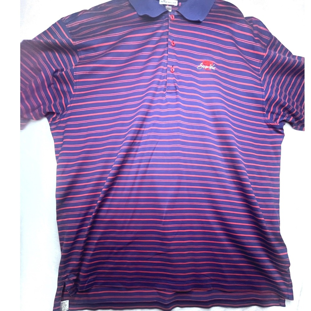 Peter Millar Men XXL Golf Polo Shirt Navy Red Stripe Shadow Wood 100% Cotton